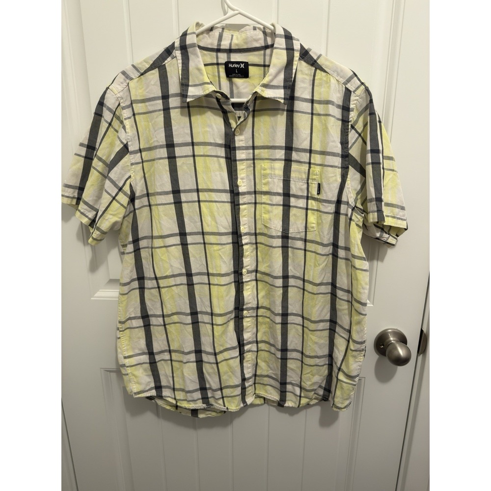 Hurley Men's Short Sleeve Button Up Yellow/Gray/White Shirt Size L‎